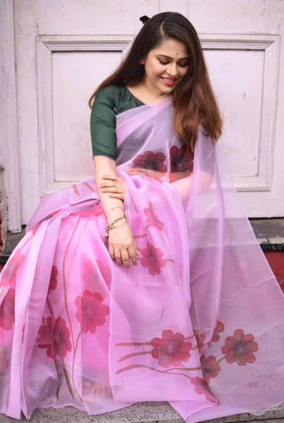 Blush pink Floral Organza Hand-painted Saree – kaseeda