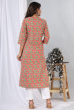 Peach Flowers  in Green Base Cotton Kurti