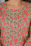 Peach Flowers  in Green Base Cotton Kurti